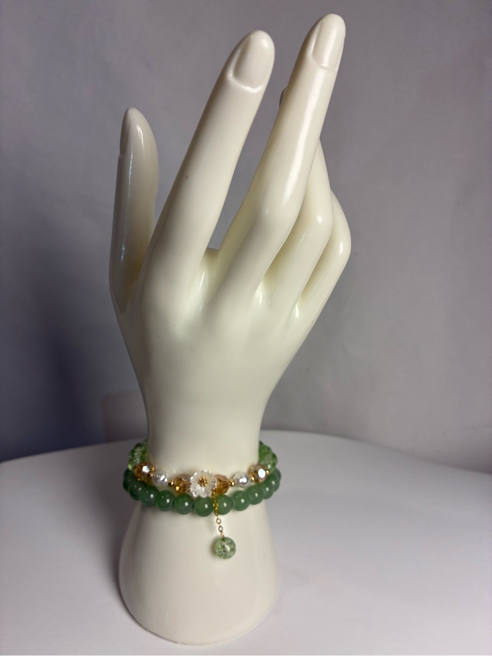 Green Bead and Pearl Flower Stackable Bracelet Set